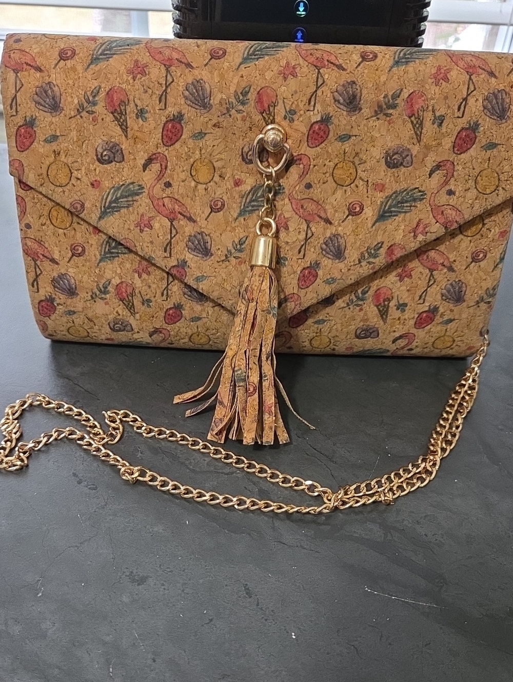 Floral Cork Tassel Crossbody Bag - Beige